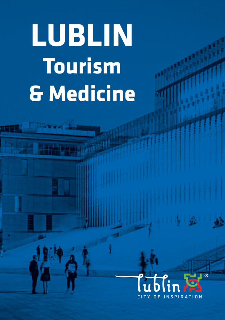 Pierwsza strona folderu "Lublin Tourism & Medicine" w niebieskim kolorze w tle Budynek Centrum Spotkania Kultur